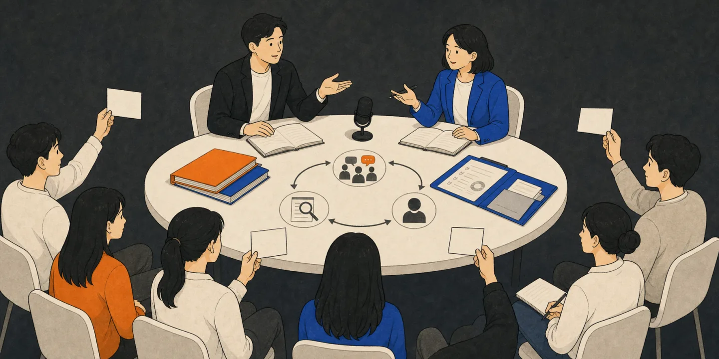 코인 AMA 진행자가 질문 카드와 검증된 답변을 준비하는 2D 일러스트