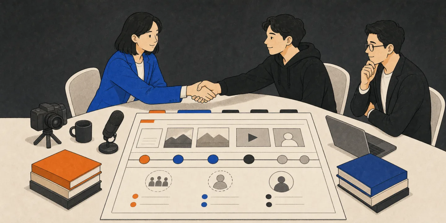 코인 KOL 캠페인 브리프와 계약 조건을 함께 확인하는 2D 일러스트