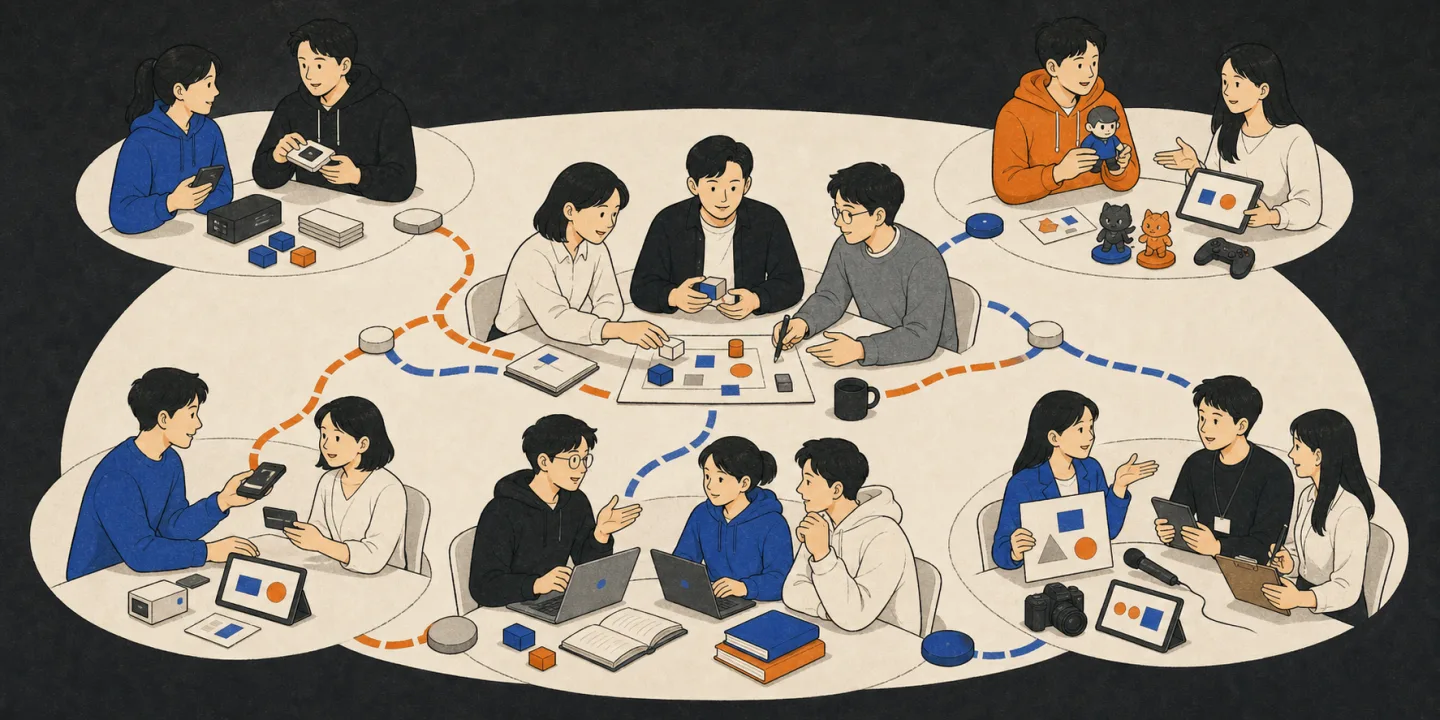 블록체인 프로젝트와 한국의 다양한 산업 파트너가 연결되는 2D 일러스트