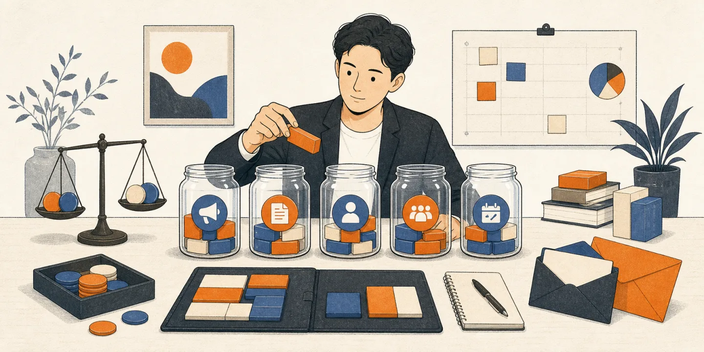 한국 블록체인 마케팅 예산 항목을 카드로 배분하는 2D 일러스트
