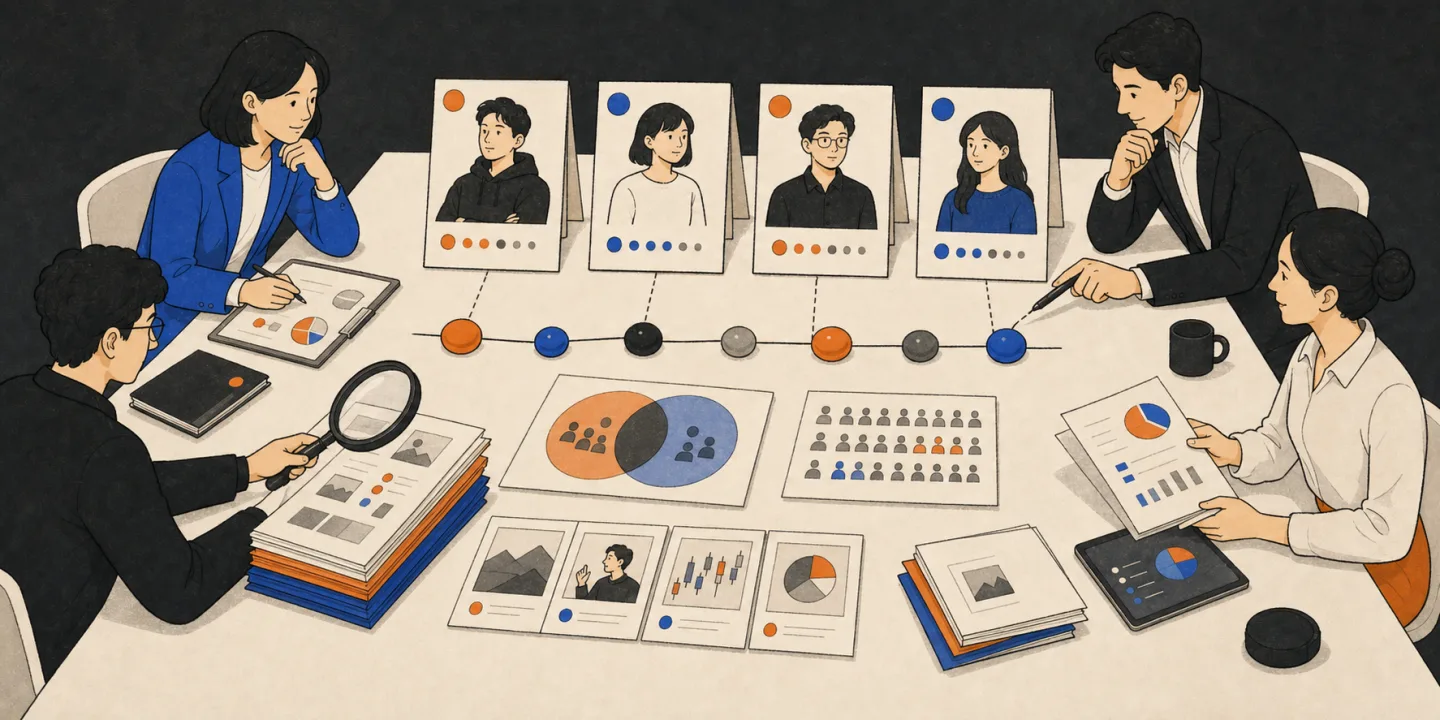 한국 코인 KOL 후보의 오디언스와 콘텐츠 이력을 검토하는 2D 일러스트