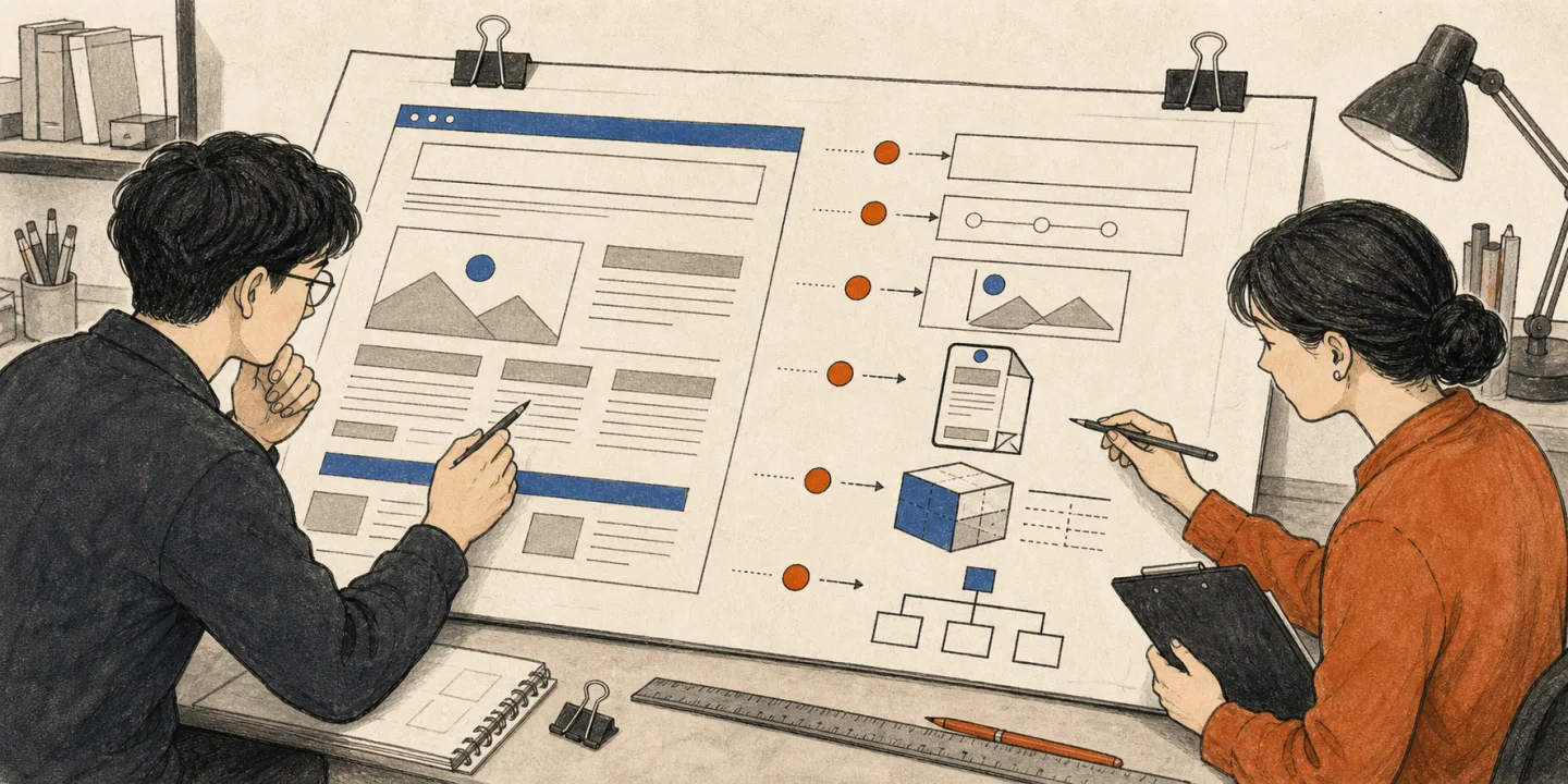 정적 HTML 블로그의 SEO 코드와 사이트맵을 점검하는 2D 일러스트